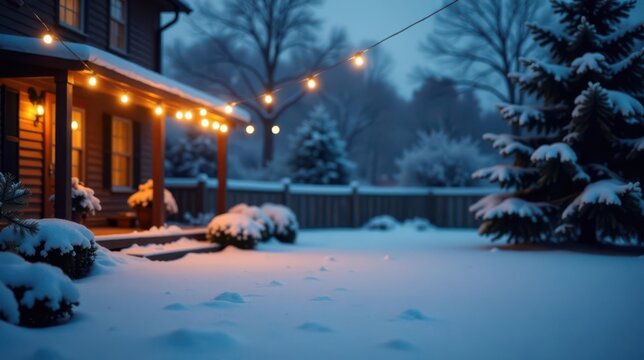 Cozy Winter Evening on a Snow-Covered Porch with Warm String Lights Illuminating a Peaceful Scene