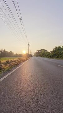 Vertical footage of a quiet rural road at golden hour, with warm sunlight reflecting on the asphalt, lush vegetation, utility poles and a peaceful countryside atmosphere.