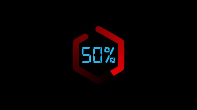 Red hexagonal progress indicator displaying percentage completion with blue digital percentage text and gradient outline on a black background.