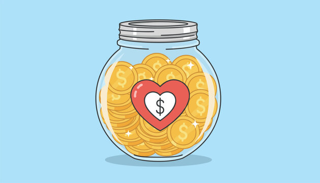 Glass jar filled with golden dollar coins and a heart symbol on the front, representing charity and donations.