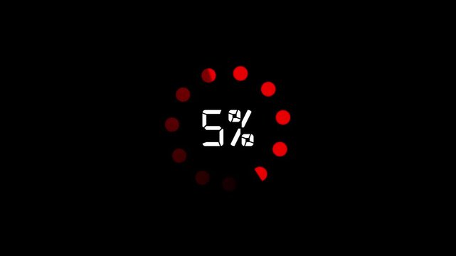Red dotted circular progress indicator displaying percent  
10 completion with bright active dots and dark inactive dots around digital text.