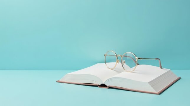 Open book with spectacles resting on its pages against a serene background