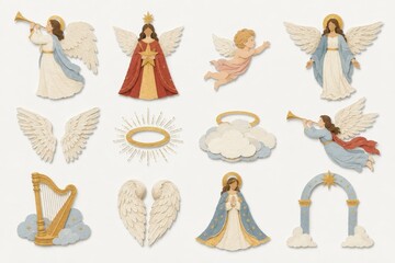 Fototapeta premium Vintage watercolor Christmas angel and celestial clipart collection