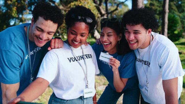 Volunteer, team and park with selfie for outdoor charity, community service or outreach together. Happy people, group or NGO with smile, capture moment or photography for picture or memory in nature