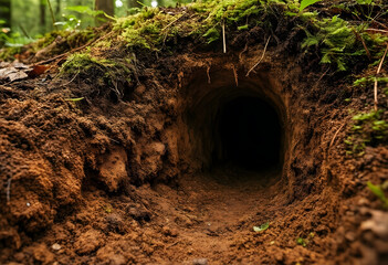 Fototapeta premium Wildlife habitat and animal burrow, dark underground tunnel entrance in forest soil with moss and roots for nature conservation and ecosystem research