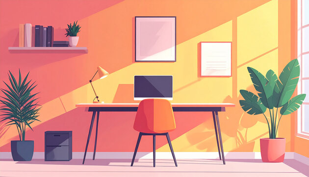 Vector art of a cozy workspace desk, warm color palette - Minimalist illustration_1