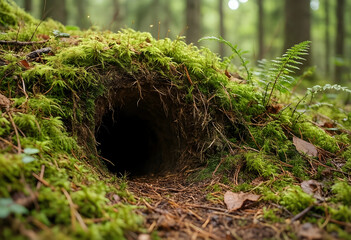 Fototapeta premium Wildlife habitat and nature conservation, animal burrow entrance in a mossy forest floor with ferns and pine needles in a wild woodland environment