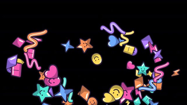 Colorful cartoon stars, hearts and party shapes swirl around the frame in a playful parade. 6-second transparent motion graphic for birthdays, kids videos, promos and celebration content.