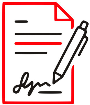 Document signing contract icon with pen and signature elements for legal business services.