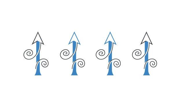 Elegant upward-pointing blue arrows decorated with black artistic swirls, symbolizing creative growth and direction.