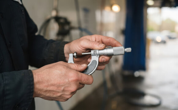 A male mechanic holding a micrometer caliper measuring tool in an automotive repair workshop