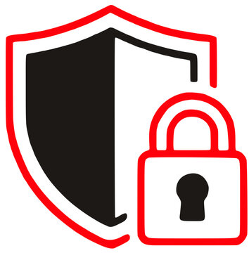 Cyber security shield and lock icon set with red outlines for data protection and privacy.