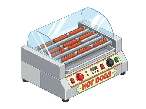 Hot dogs grill with skewers under curved sneeze guard at concession