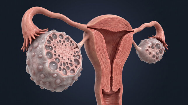 Medical visualization of multifollicular ovaries showing numerous ovarian follicles, representing polycystic ovary syndrome, reproductive endocrinology, fertility, and women's health.