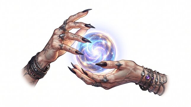 Hands holding a glowing magic orb, fantasy spell and mystical concept illustration