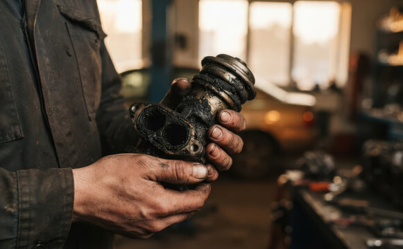 Mechanic holding dirty car part EGR valve in repair garage workshop