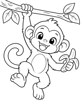 Happy cartoon monkey joyfully swinging from a tree branch while holding a delicious banana, perfect for coloring books and children's activities