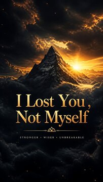 Dramatic golden sunset over a dark mountain peak above black storm clouds, I lost you not myself motivational quote, stronger wiser unbreakable wallpaper