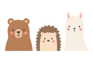Fototapeta premium Cute Woodland Animals Set Bear Hedgehog Llama Nursery Vector Illustration