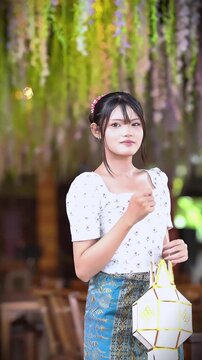 Slow motion of a beautiful Asian woman in traditional Lanna dress holding a Lanna paper lantern at Wat Ton Kwen, Chiang Mai, Thailand.