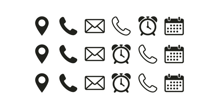Essential contact icons set with map pin, phone, mail, alarm and calendar
