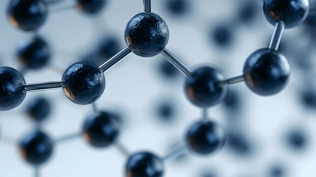 Close up of a molecular structure with dark spherical nodes connected by metallic rods  showing detailed surface texture and depth of field
