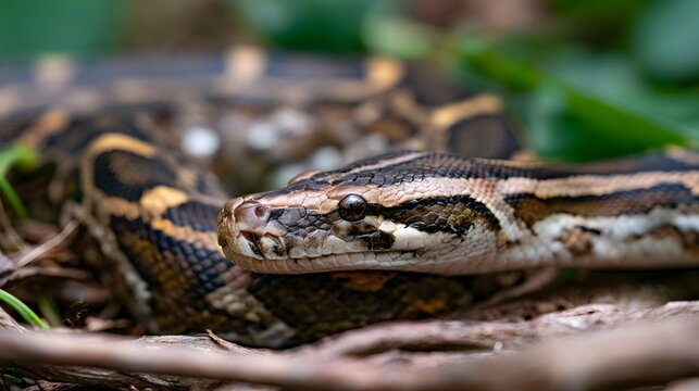 Close up of a python coiled among dry leaves and green foliage in a natural habitat setting