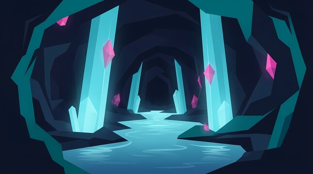 Glowing crystal cave illustration featuring magical cavern passage for fantasy game environment
