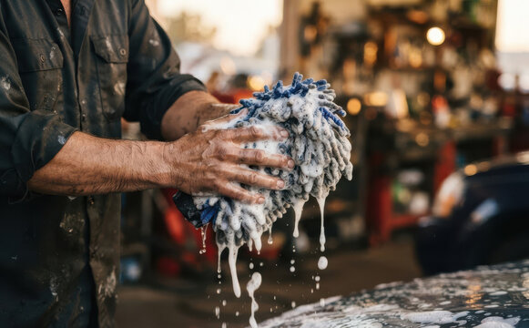 Middle-aged male mechanic washing a car with a soapy microfiber sponge in an auto repair garage