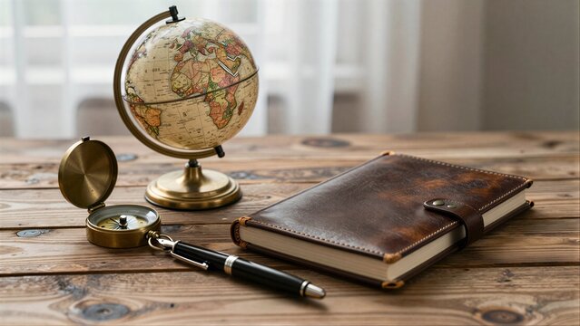 Vintage globe, compass, leather notebook and pen on rustic wooden table.