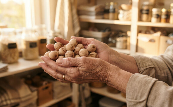 Elderly woman holding wooden laundry mothballs in her hands in a natural zero waste pantry setting