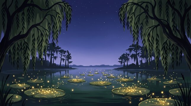 Night swamp scenery with glowing fireflies and water lilies for fantasy background or story concept