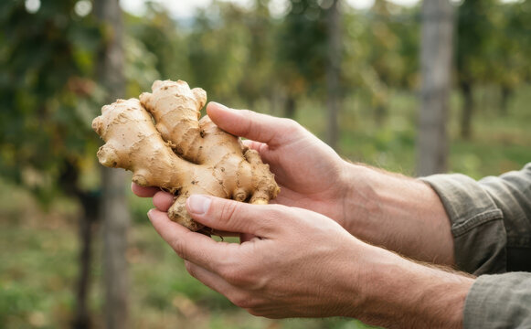 A male farmer holding freshly harvested organic ginger root in hands on agricultural farm field
