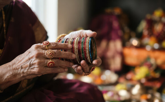 Elderly Indian woman holding colorful glass bangles during a traditional festival ritual