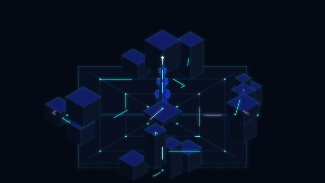 digital cube technology animation, data network element, futuristic cyber grid, motion graphic