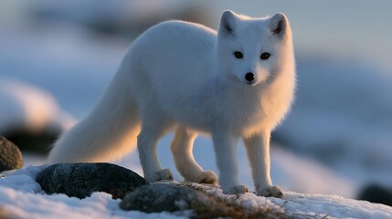 Fototapeta premium A white fox stands alert on snowy ground with rocks bathed in soft golden light against a blurred winter landscape