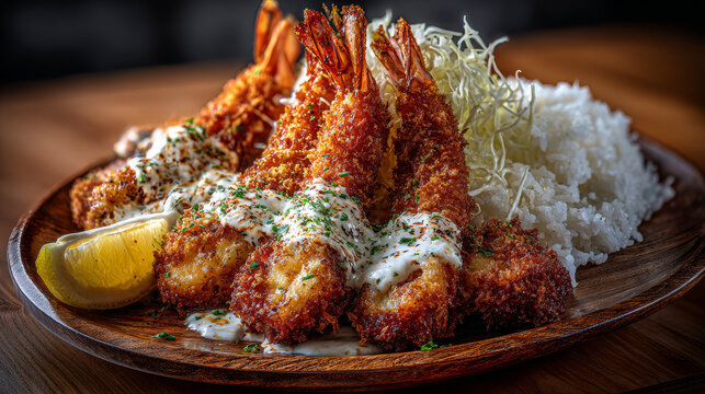 Ultra realistic smartphone photo of a massive Japanese jumbo fried shrimp set meal, 3 to 4 giant ebi fry standing boldly on a wooden plate, dramatic oversized scale.