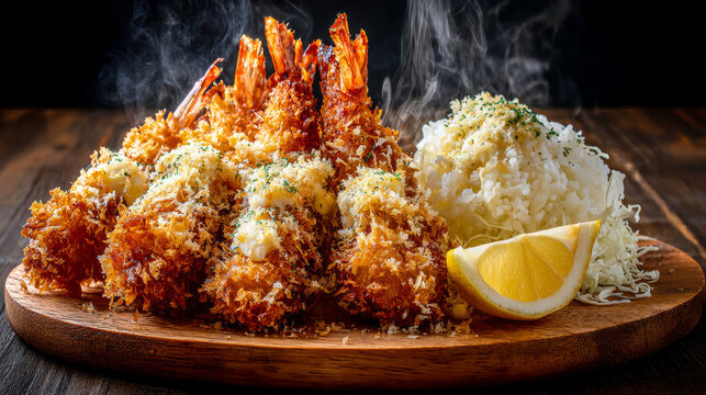 Ultra realistic smartphone photo of a massive Japanese jumbo fried shrimp set meal, 3 to 4 giant ebi fry standing boldly on a wooden plate, dramatic oversized scale.