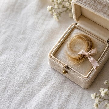 Lock of blond baby hair tied with pink ribbon in velvet keepsake box on linen, first haircut memory, nobody