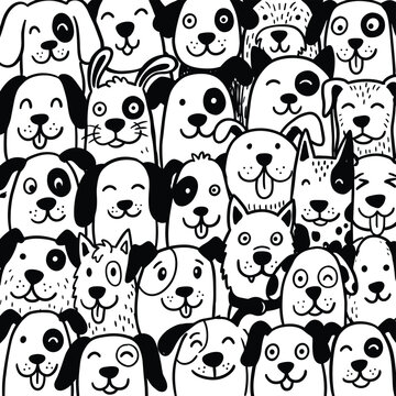 Hand drawn doodle pattern featuring cute dog faces and happy puppies in monochrome