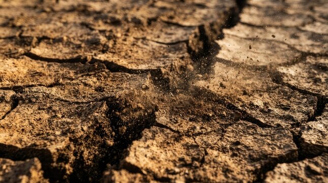 Cracked dry earth with exploding dust, concept of drought and climate change