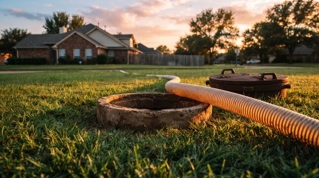 Septic tank pumping and maintenance service in a residential yard