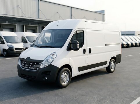 White delivery van parked in a distribution center lot ready for transport and logistics operations