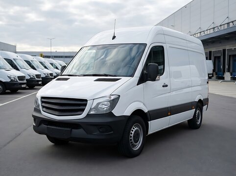 Professional white commercial cargo delivery van parked at a logistics distribution warehouse facility ready for freight transport services