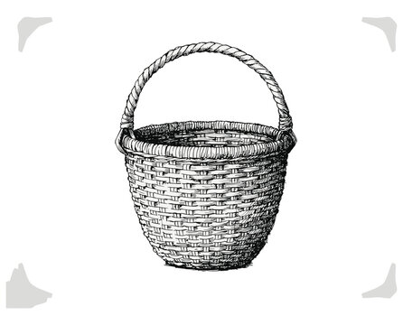 Hand drawn illustration of an empty woven wicker basket with handle