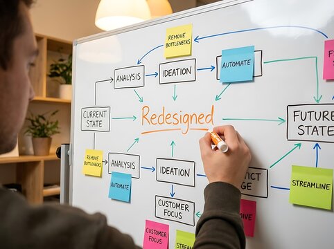 Business professional brainstorming and designing a workflow strategy flowchart on a whiteboard in a modern office environment