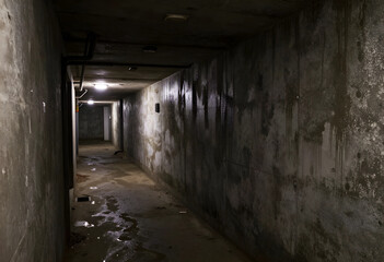 Fototapeta premium Urban decay and neglect, dark abandoned concrete hallway with water damage and damp walls in a derelict underground corridor or basement passage