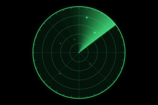 Green radar screen with a glowing sweep, range rings and target blips