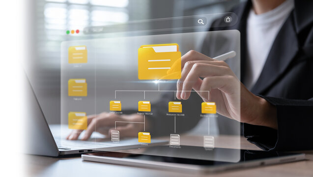 Businesswoman Open Online document on laptop, digital workspace, and secure management.