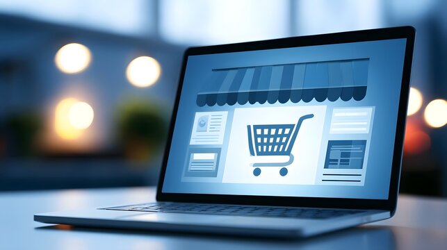 Laptop displaying an online shopping store interface with a shopping cart icon and storefront graphic